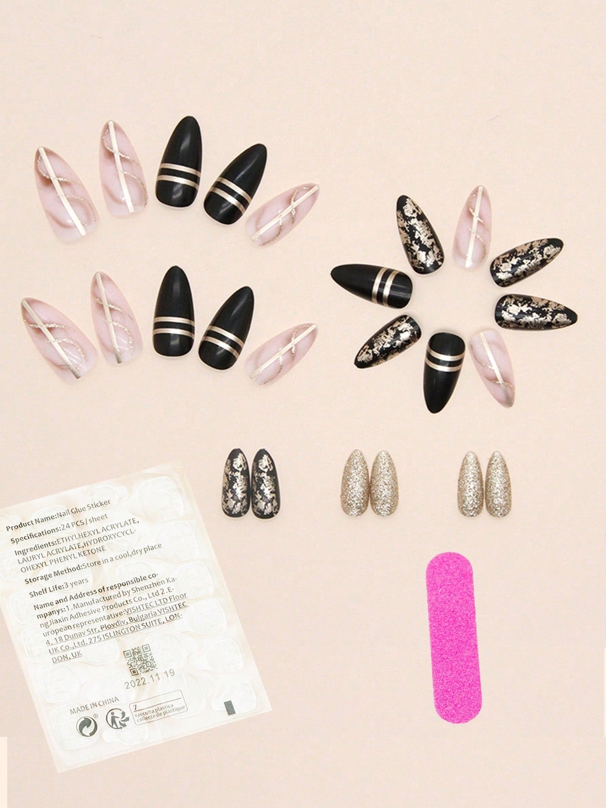 24pcs Black Almond Black Bronzing Glitter Lines Shaped Fake Nail Kit False Nails