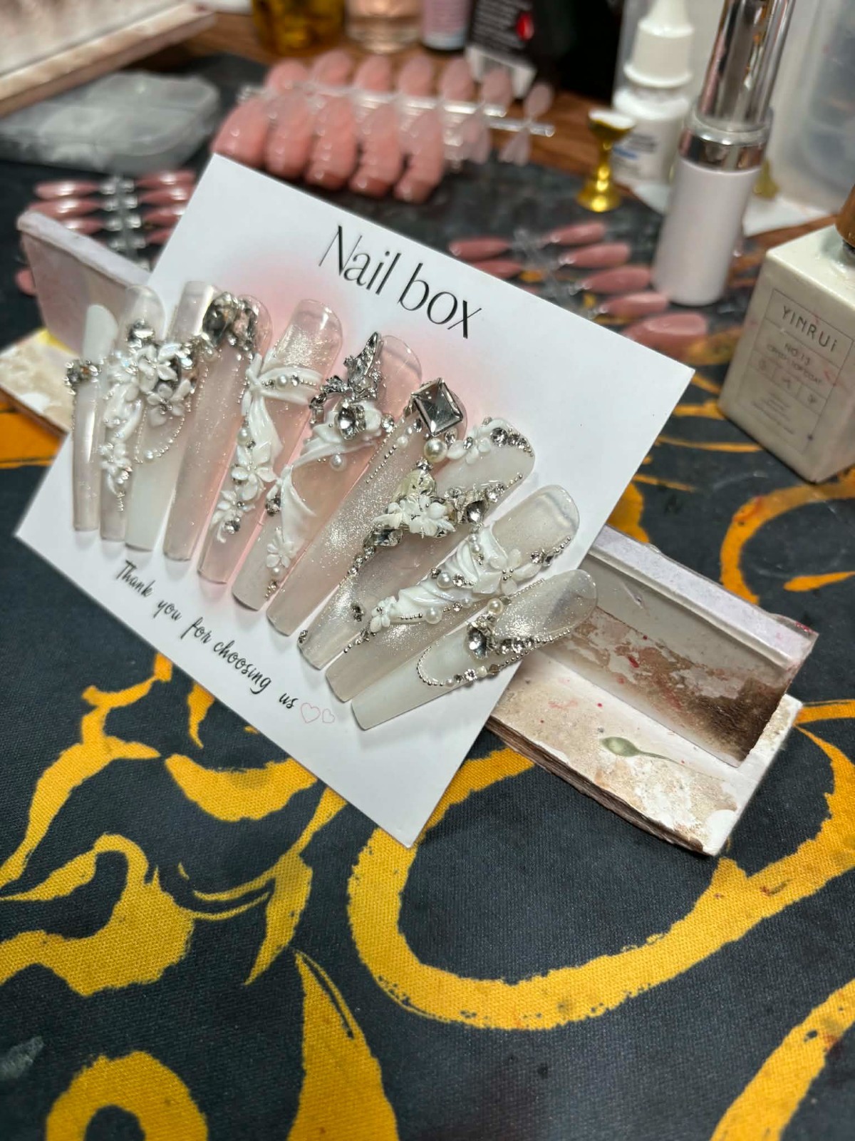 Luxury Press on nails , Bridal style, white and metallic silver, custom size