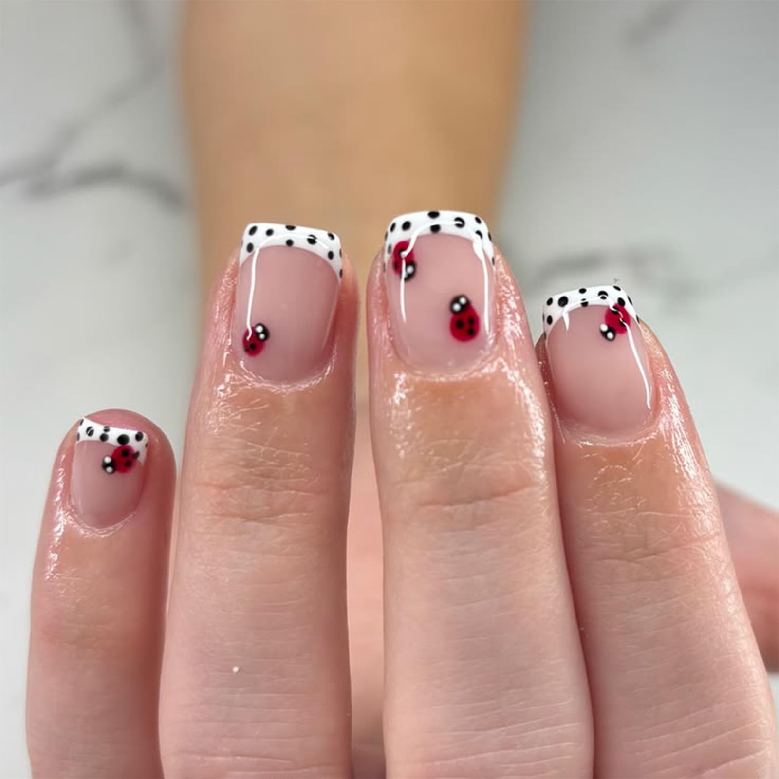 Polka Dot French Tip Press on Nails Short Square, Cute Fake Nails with Red La…