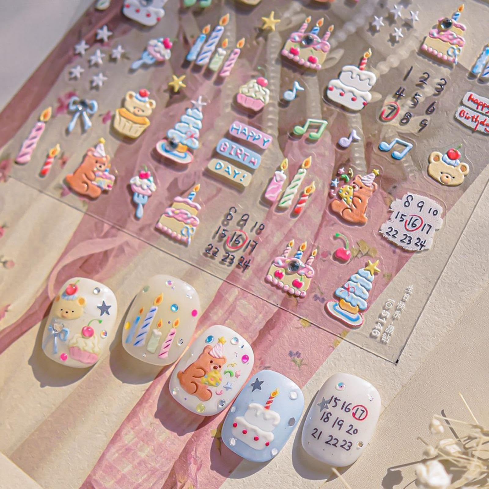 Birthday Nail Stickers Cake Nail Art Decals Candle Star Bear Bow Nail Art Sti…
