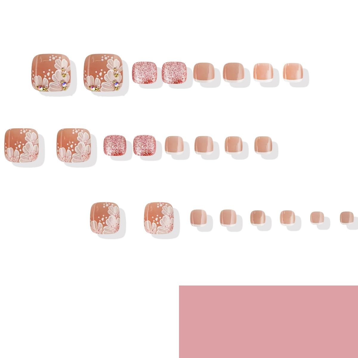 French Tip & Flower Toenails, 24Pcs Reusable, Glossy Acrylic, Square Shape, P…