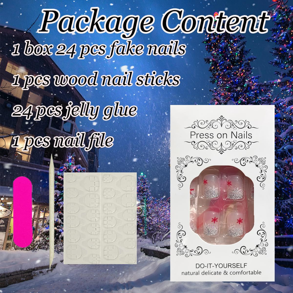 24Pcs Christmas Press on Nails Short Square Fake Nails Red White Snowflake Rhine
