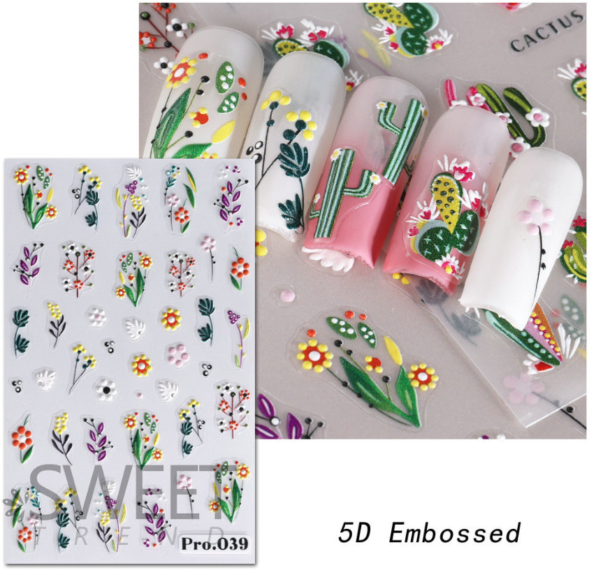 5D Embossed Nail Art Stickers Transfers Self Adhesive Mexico Cactus Daisy NS52