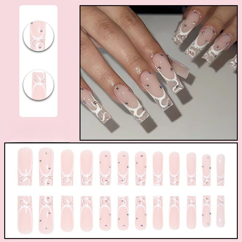 48pcs-Glossy Nude Press on Nails, Coffin with White Swirl and Rhinestone Details
