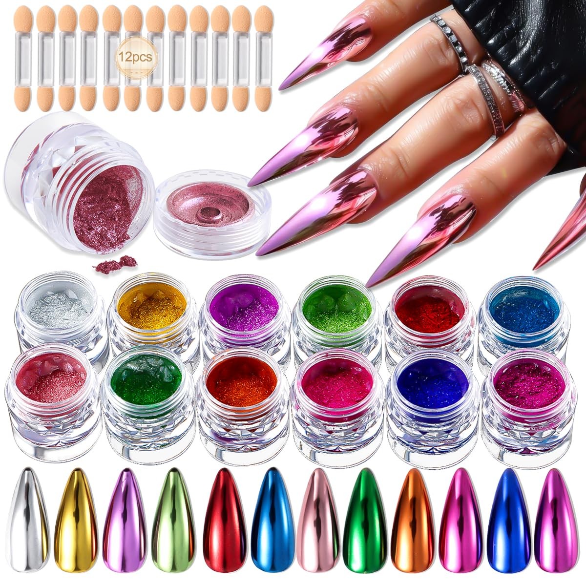 Chrome Nail Powder Kit 12 Colors Holographic Metallic Mirror Effect Chrome Pi…