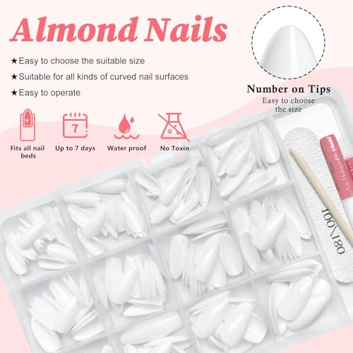 240pc Short Almond White Press on Nails Colored Fake Nail Tips Full Snow White