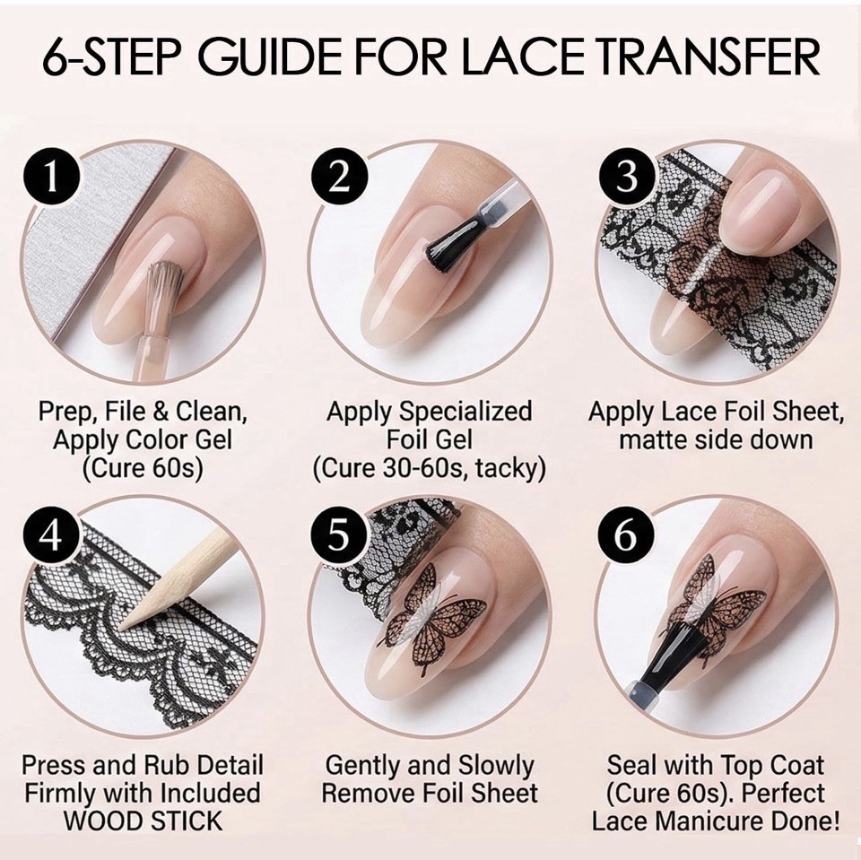 60 Sheets Black Lace Nail Foil Art Design With 60 Reusable Sticks