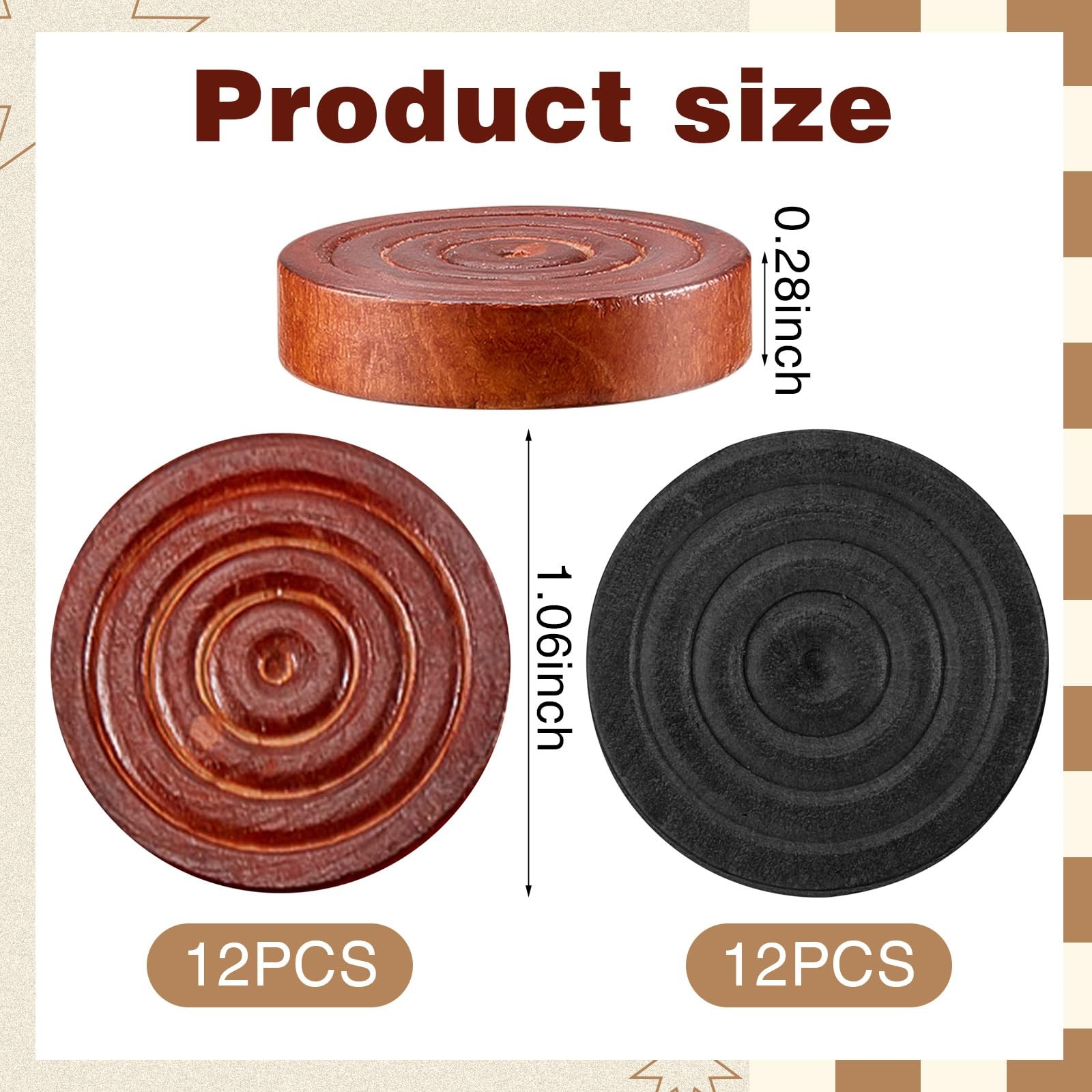 Sumind 24 Pieces Wooden Checkers 1.06 Inch Wood Inches, Brown and Black