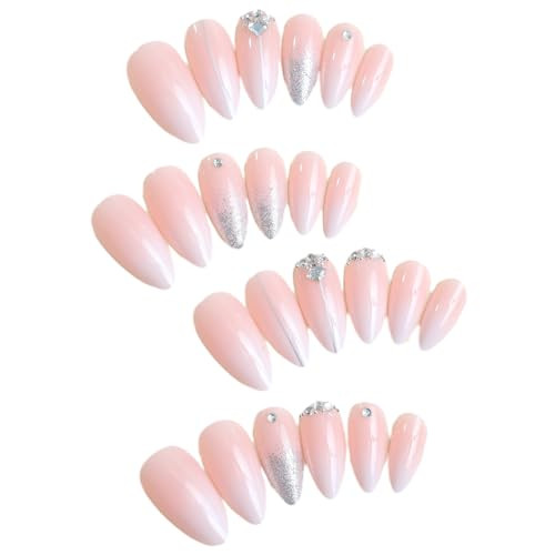 Silver Glitter Press on Nails French Tip Fake Nails Medium Almond False Nails