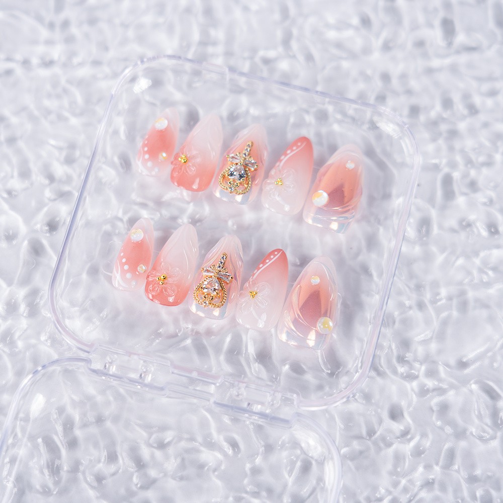 10pcs Peach Gradient Almond Nails 3D Diamond Heart Pearl Luxury Wedding