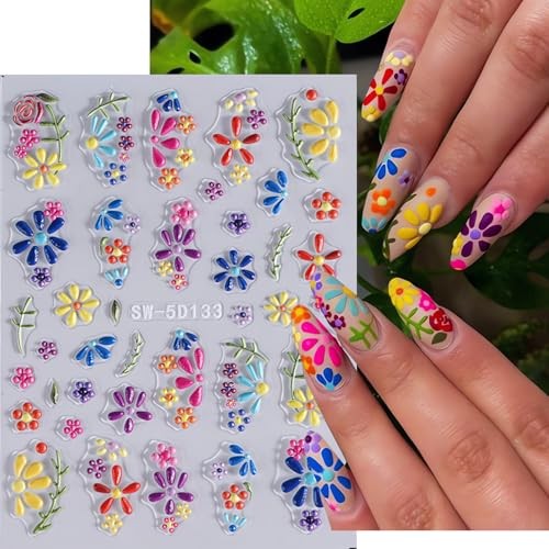 5D Flower Nail Art Stickers – Purple Pink Daisy & Yellow Blossom style7