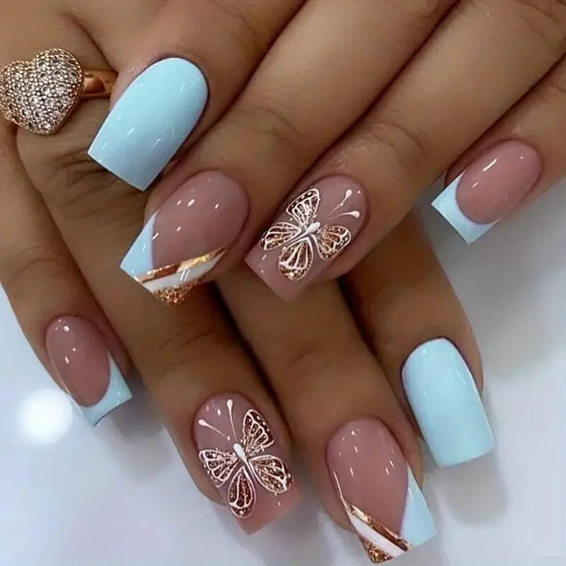 24pcs Medium Blue French Fake Nails, Golden Glitter Butterfly Press On Nails
