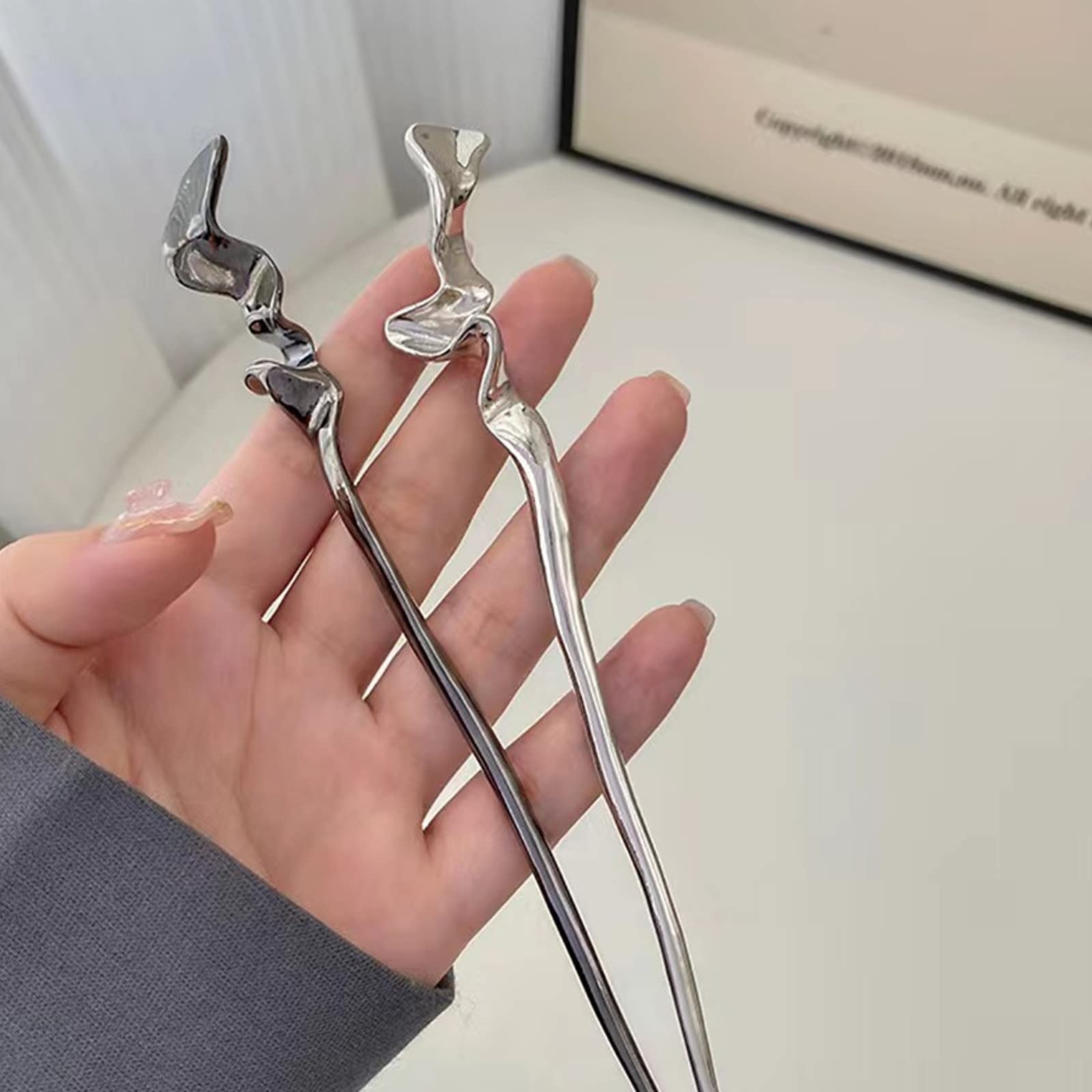 2Pcs Irregular Lines Hair Chopsticks, Chinese Sticks Silver, Black