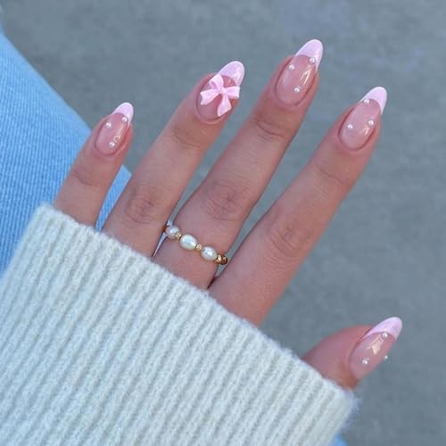 24Pcs French Press on Nails Almond Fake Nail Cute Pink False Nails with 3D bow