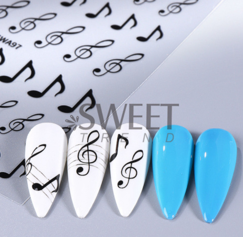 3 Sheets Musical Note Nail Art Stickers Gold Silver Black Piano Notes SWA97 NH28