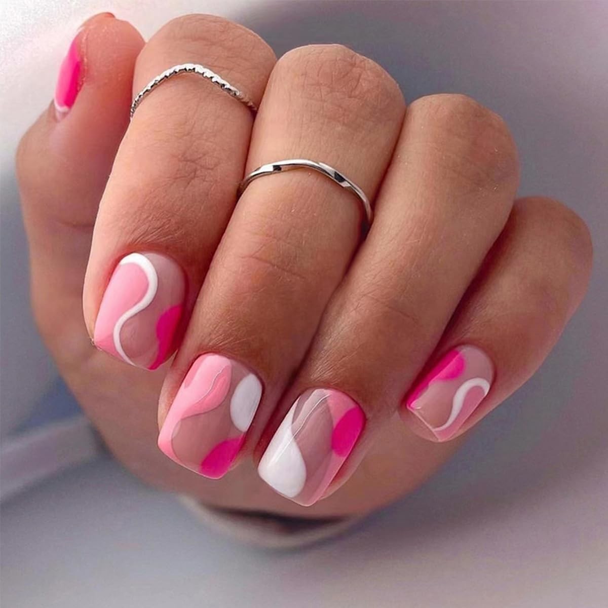 6 Packs (144 Pcs) Press on Nails Medium Square Fake Medium, Style-16
