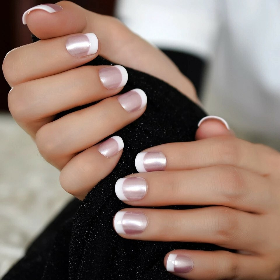 24 Short French Mani Press on nails glue on white tip Pearl Pink kit