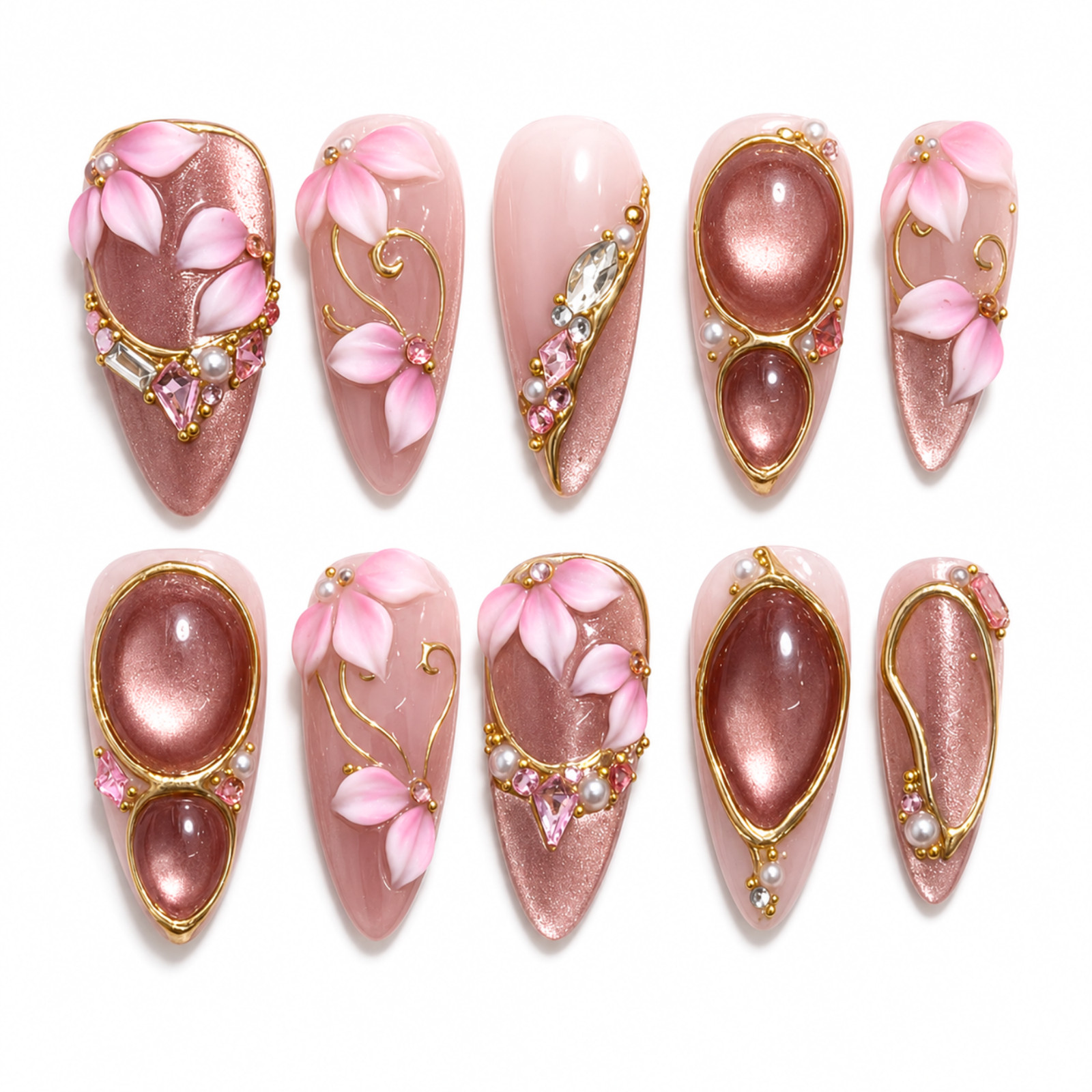 Pink Floral Handmade Press On Nails Rose Gold Cat Eye 3D Gems