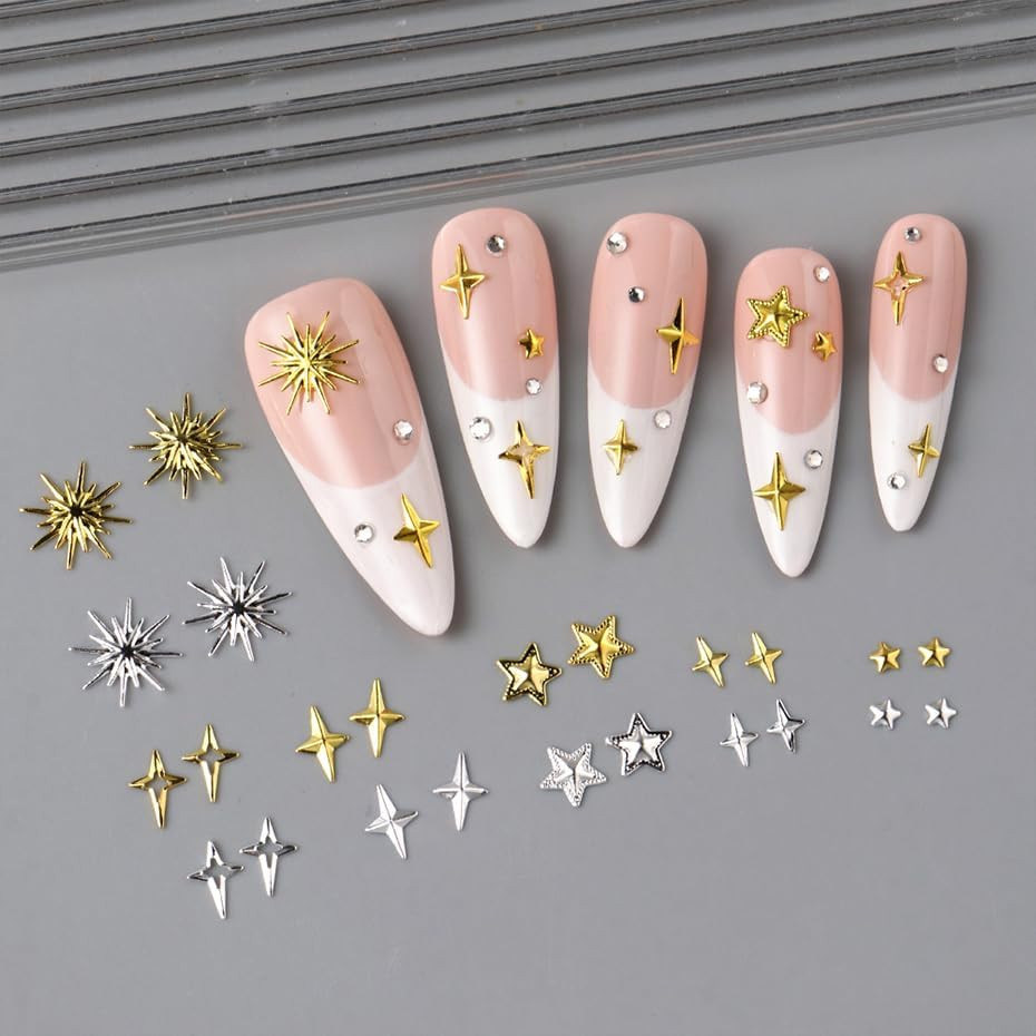 12Grids Star Nail Rhinestones Charms Gold Silver Star Nail Gems Diamonds 3D Allo