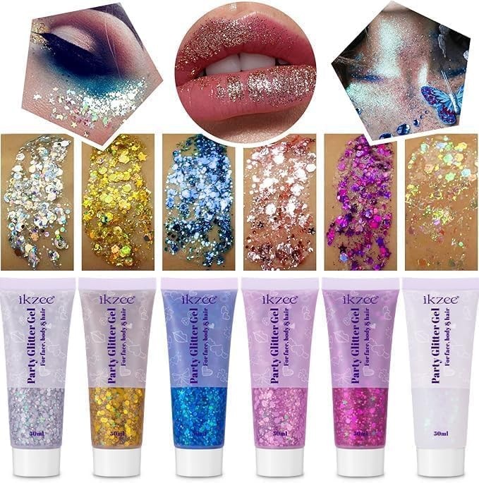 6Pcs Body Glitter for Women – Holiday Glitter Gel for Face &Body & Hair & Nai…