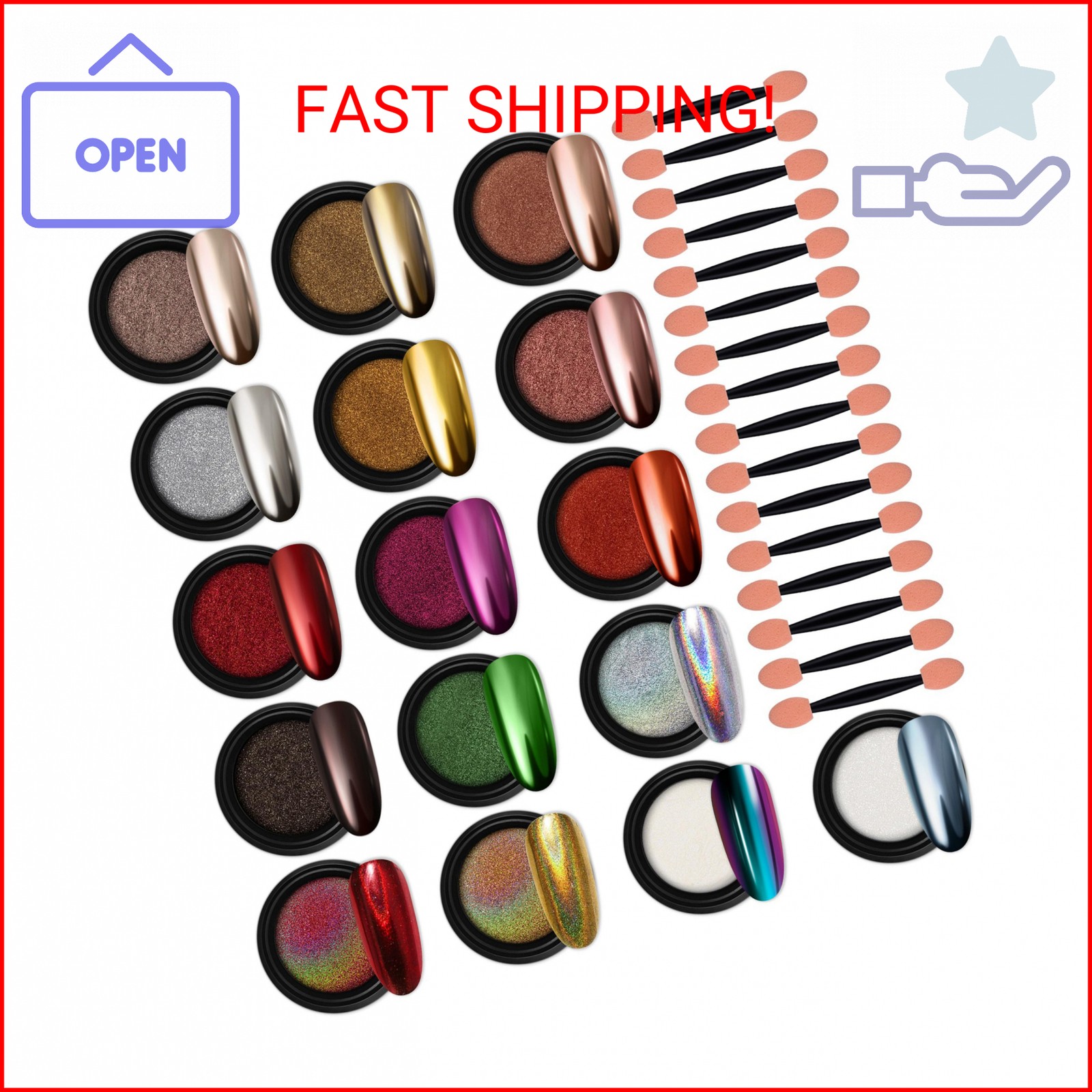 Artdone 16 Jars Chrome Nail Powder Kit Magic White Pearl Gold Mirror Effect