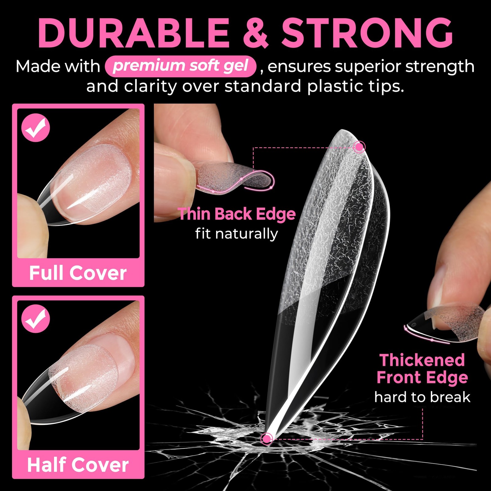 UNA GELLA Short Almond Fake Nails 216pcs 216 Piece Assortment, Clear