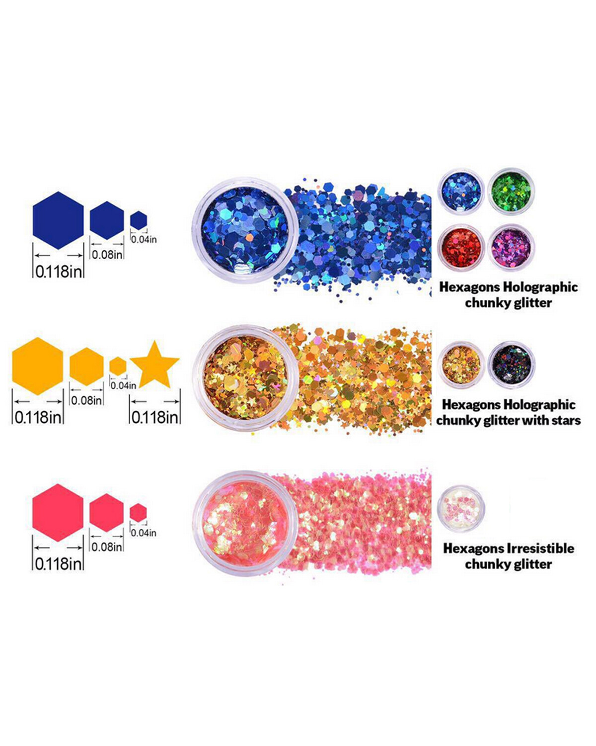 Chunky Sparkling Glitter for Hair Face Makeup Nails (8 Colors), Rainbow Star