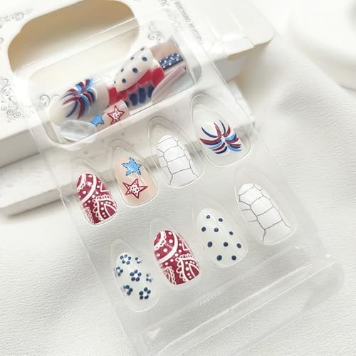 4th of July Press on Nails Short Oval Fake Nails America Flag Star Polka Dots