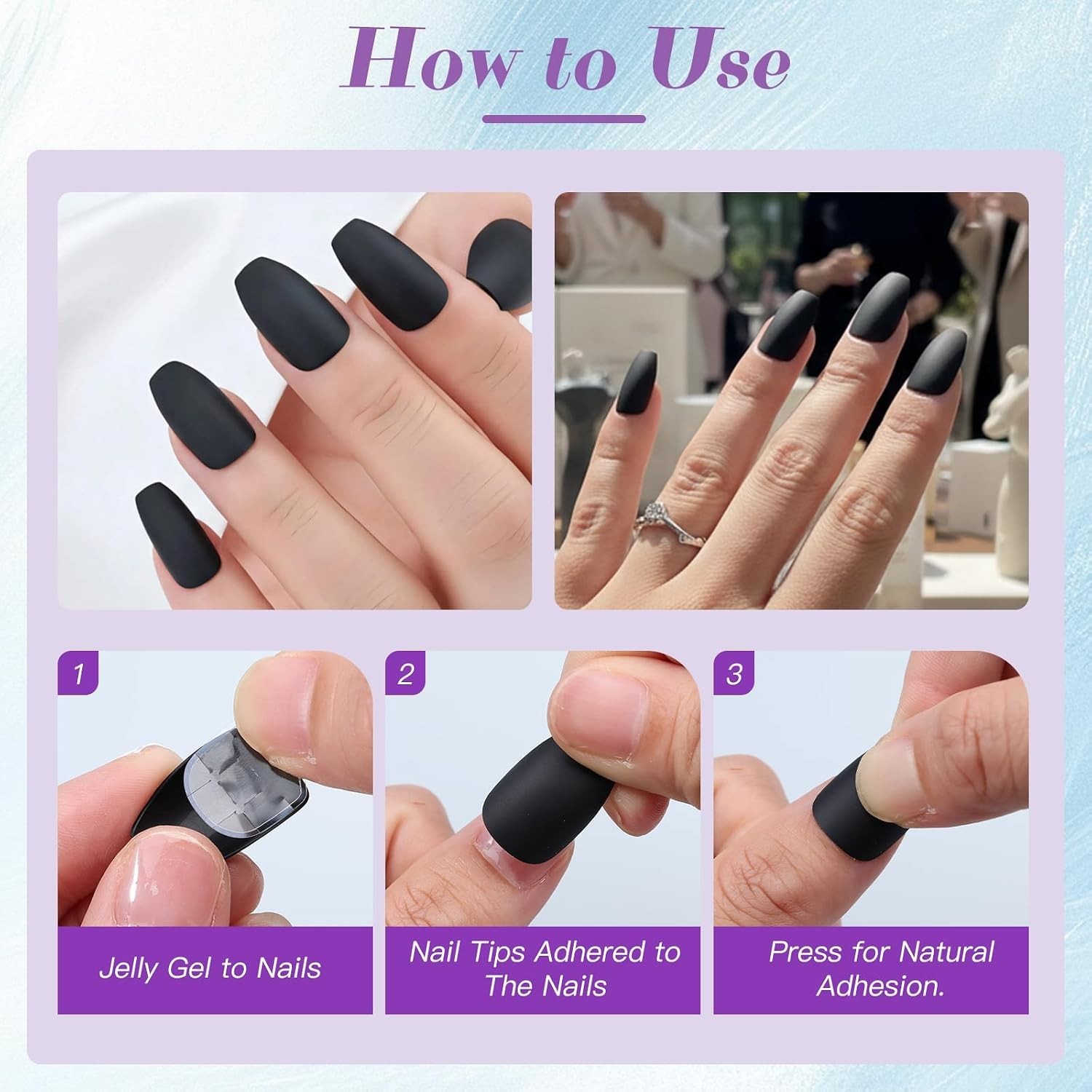 Glamorous 24PCS Acrylic False Nails – Black Matte Finish for Easy Application
