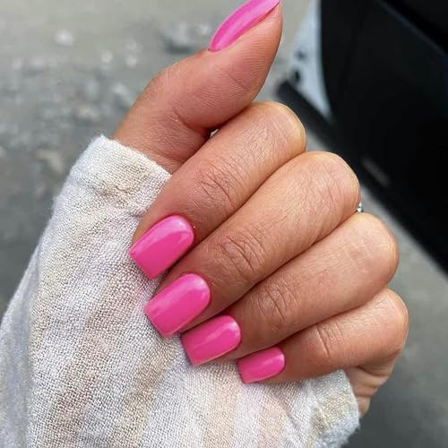 48Pcs Hot Pink Press on Nails Short Square Fake Nails, square glossy hot pink