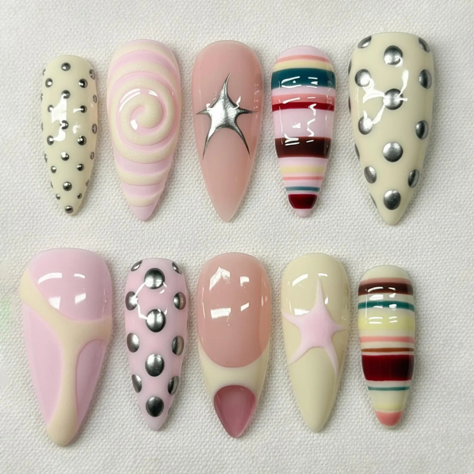 Polka Dot Pastel Y2K Swirl Chrome Handmade Press On Nails