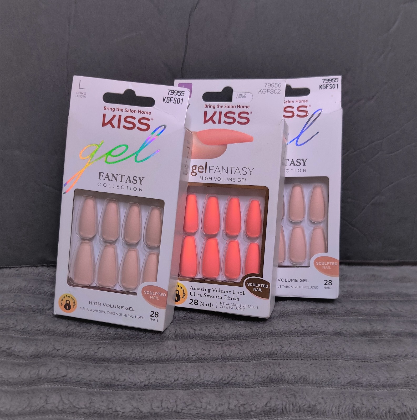 KISS GEL FANTASY 3 PACKS SCULPTED NAILS LONG PALE NUDE AND CORAL PINK NEW