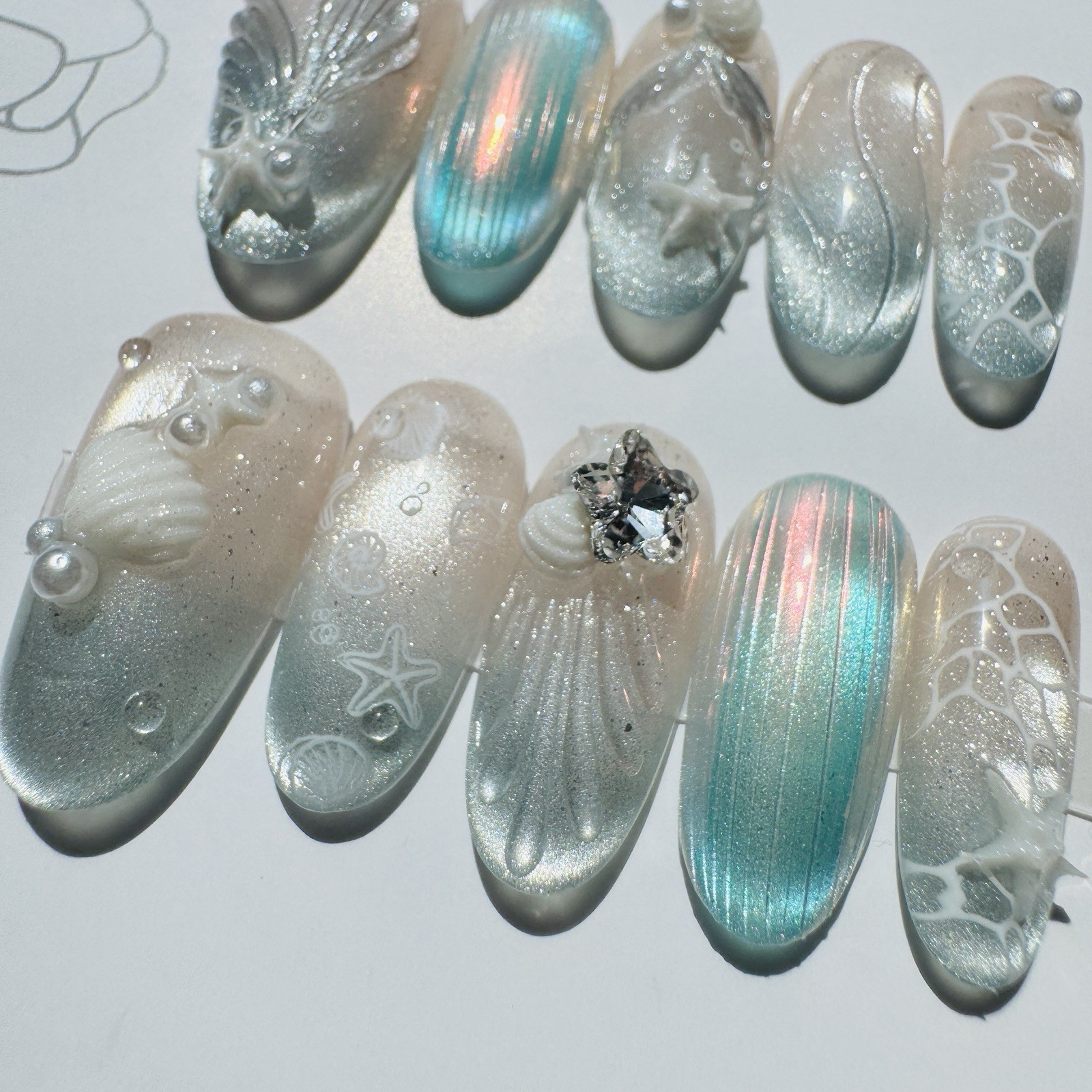 Press-On Nails Long Oval Blue/Beige Ocean Theme Laser 3D Full Cover Handmade