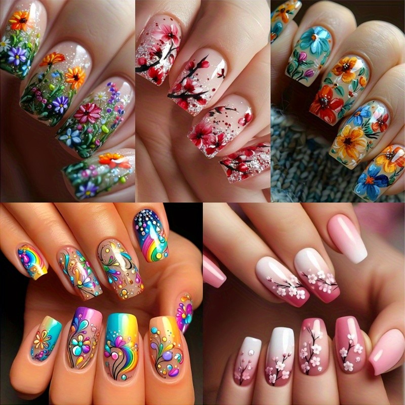 120pcs (5 Pack) Fashion Rainbow Decor Press On Nails Colorful Nail Art Festival