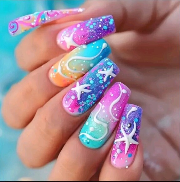 24pcs Summer Vibes Press-On Nails Set – Colorful Striped & Starfish Design,…