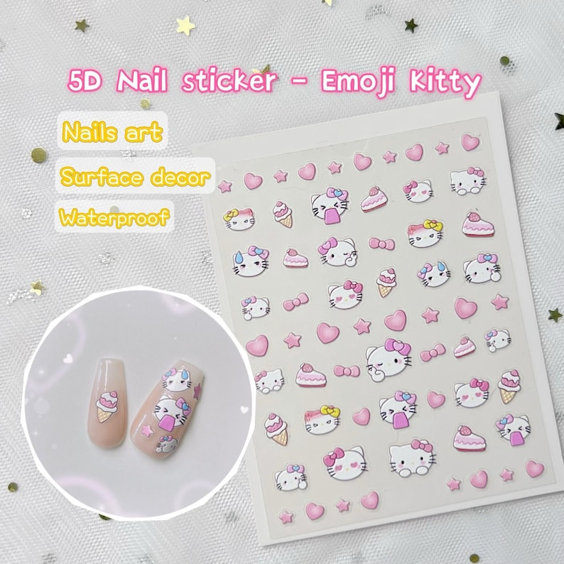Kawaii Nail Stickers- Cartoon Cute Y2K 5D Manicure Decals/ DIY/ Hello Kitty/pink