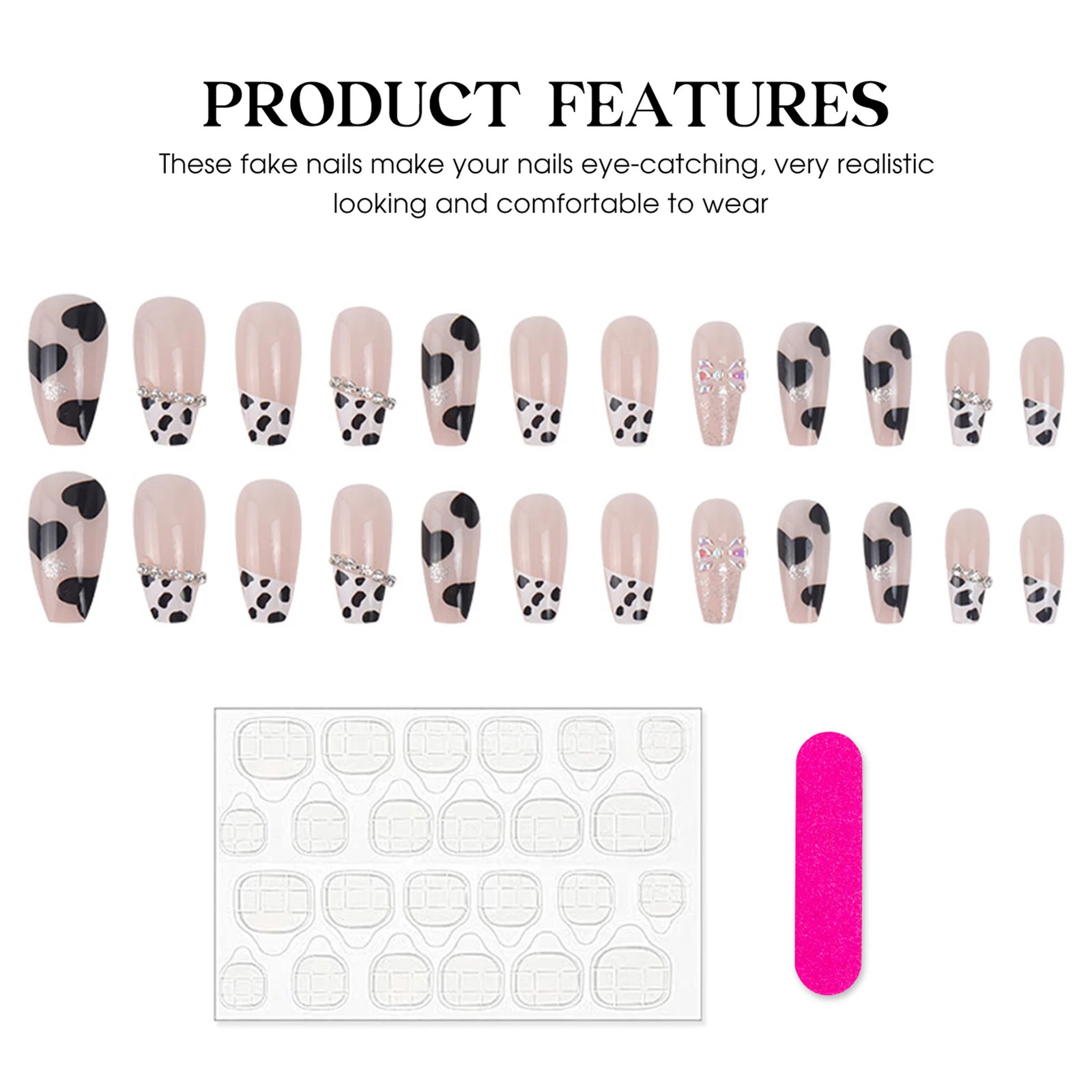 24Pcs Black Heart Cow Pattern Bow Korean Style Press On Nails