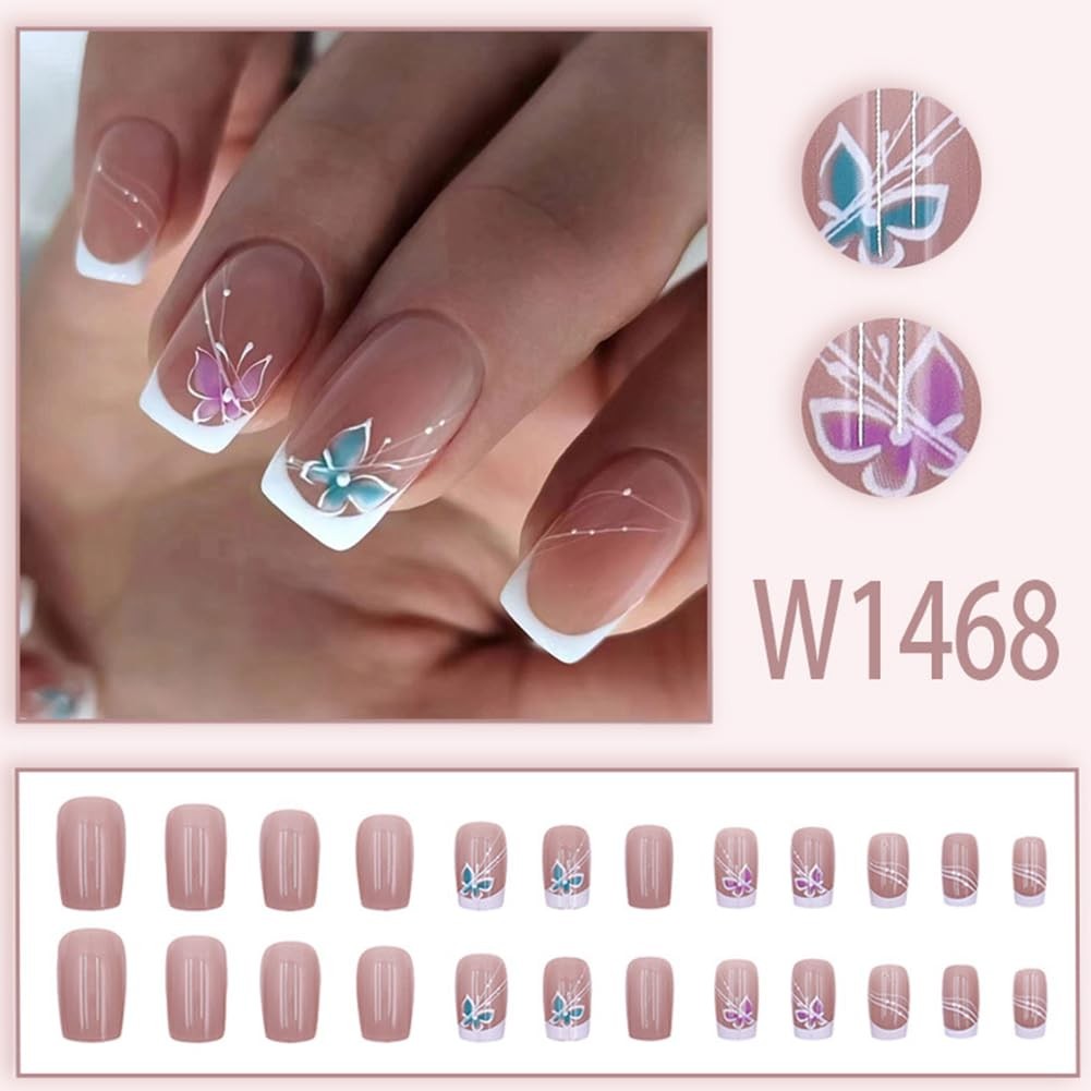 Short Press on Nails with Butterfly Style Design Full Cover Acrylic Fake blue