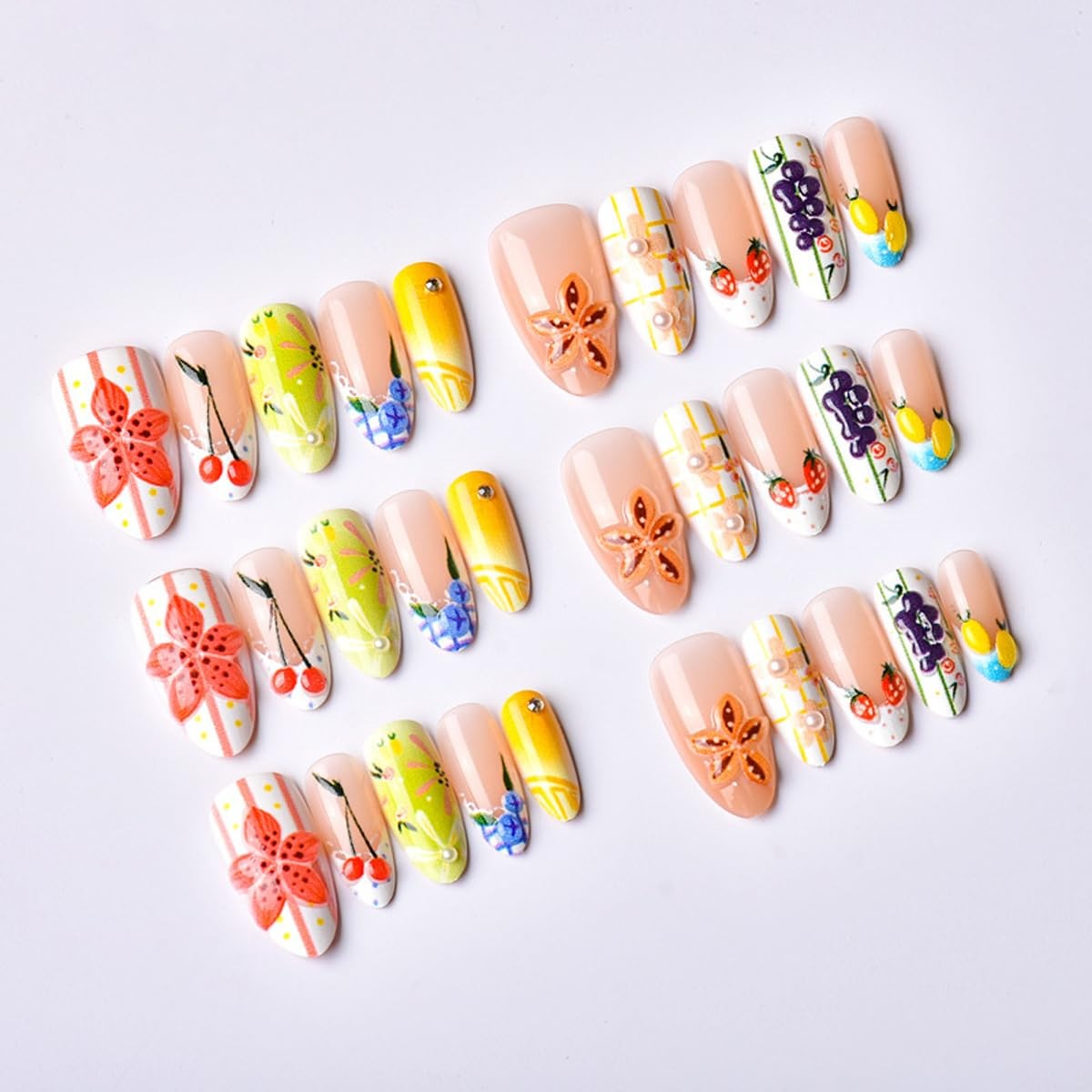 30Pcs Fruit Press on Nails Long Almond Fake Nails 3D Flower Strip with Rhines…