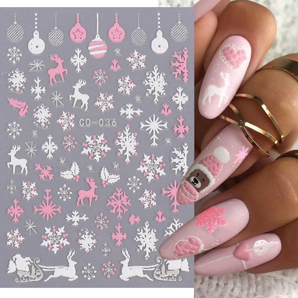 Christmas Nail Art Stickers, 8Sheets 5D Embossed Snowflake Nail Decals Pink Whit