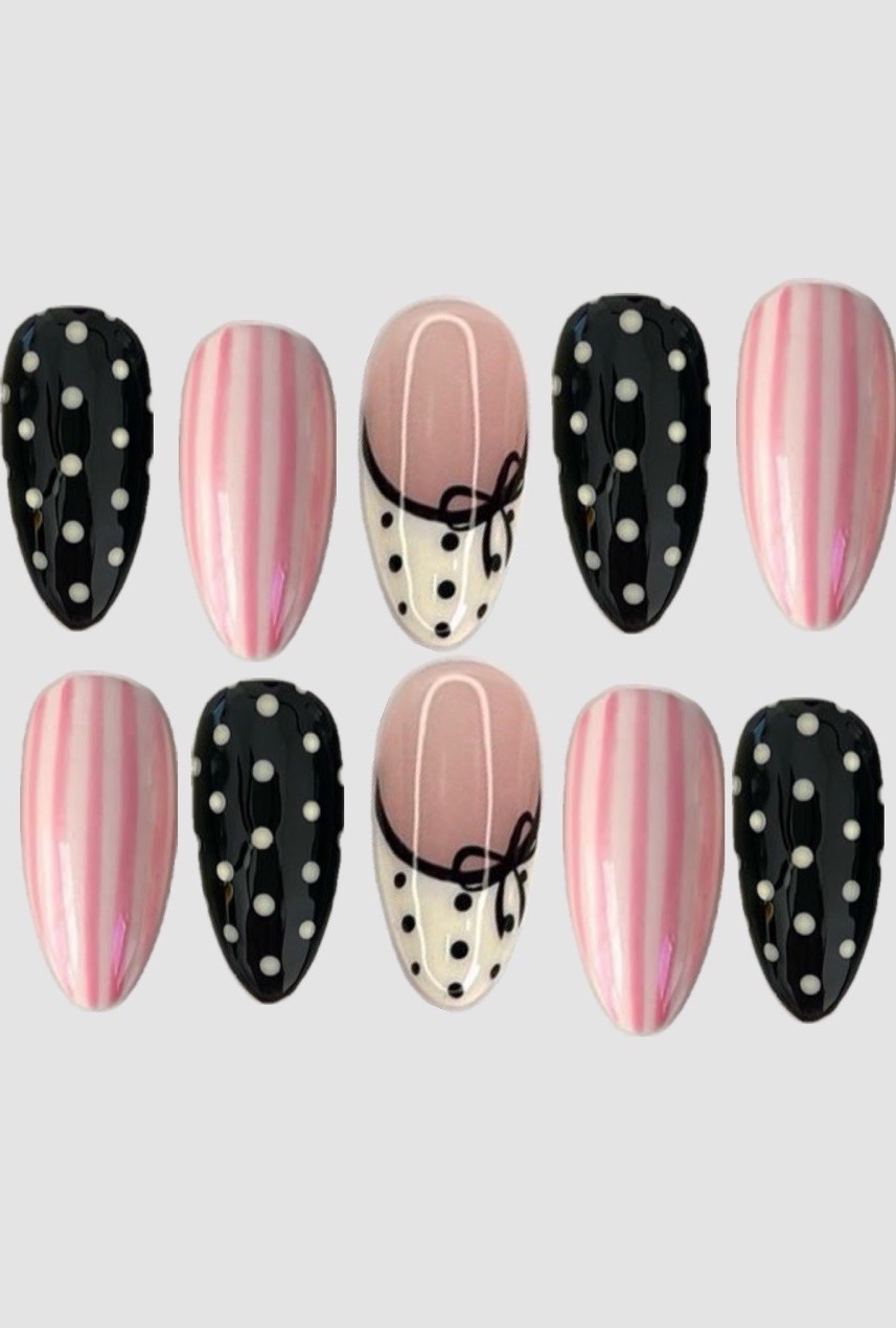 Pink Black White Almond Medium Press-On Nails Set Polka Dot Stripes Bow Shiny