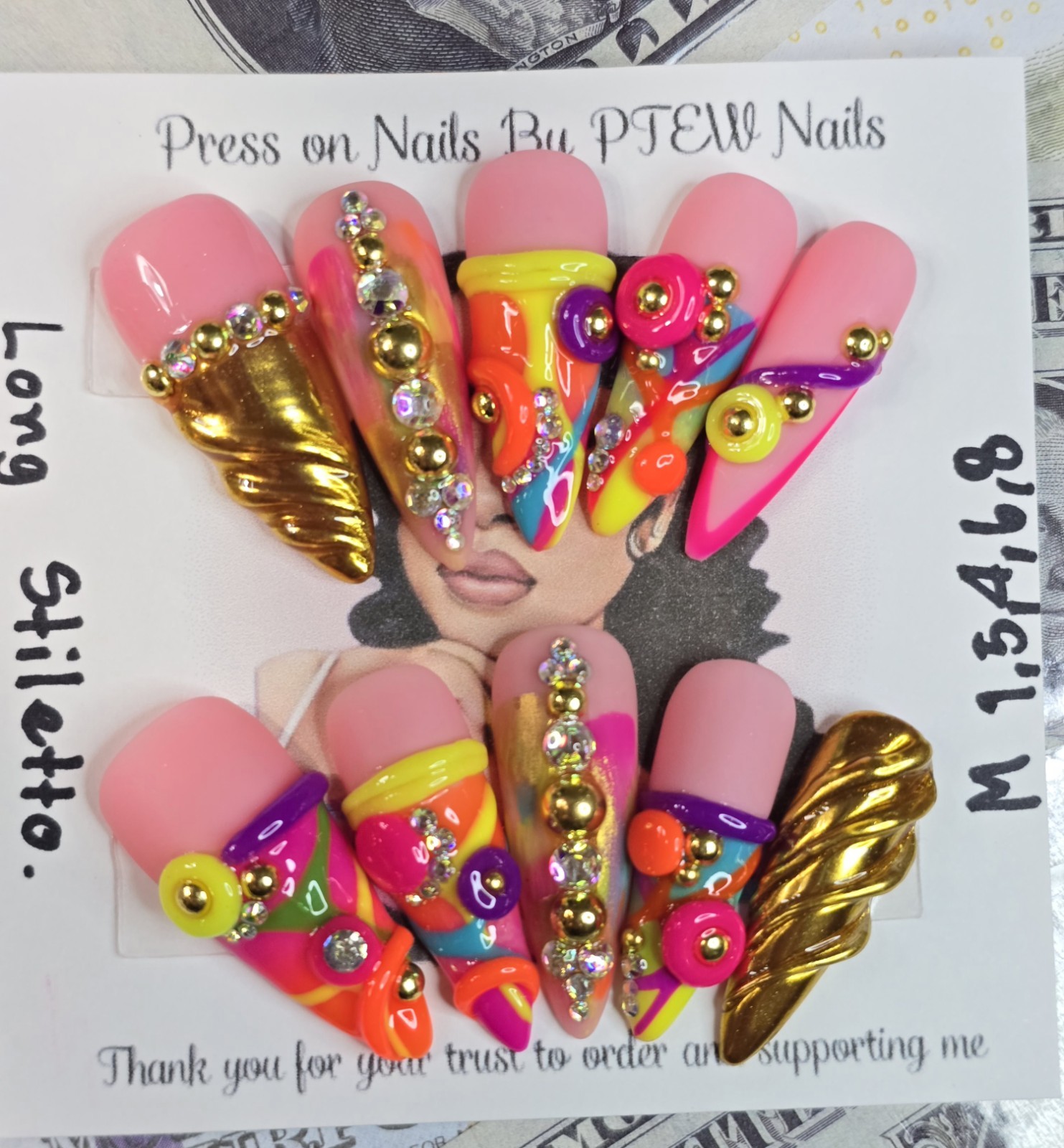 Handmade Press On Nails, Colorful Nails,Medium Size 1,5,4,6,8 Long Stiletto