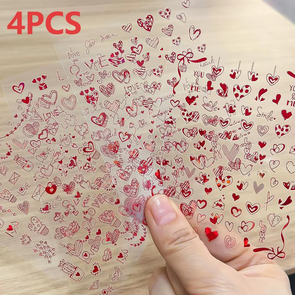 8Pc 3D Mixed Color Heart Nail Stickers Valentines’ Day Sweet Red Pink Love Selfa