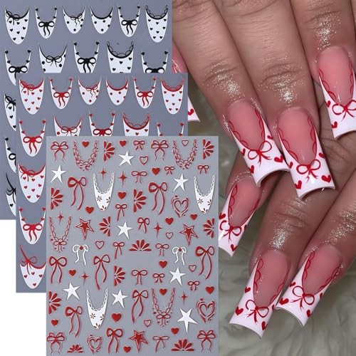 6 Pcs Valentines Day Nail Art Stickers Decals French Tip heart polka dot french