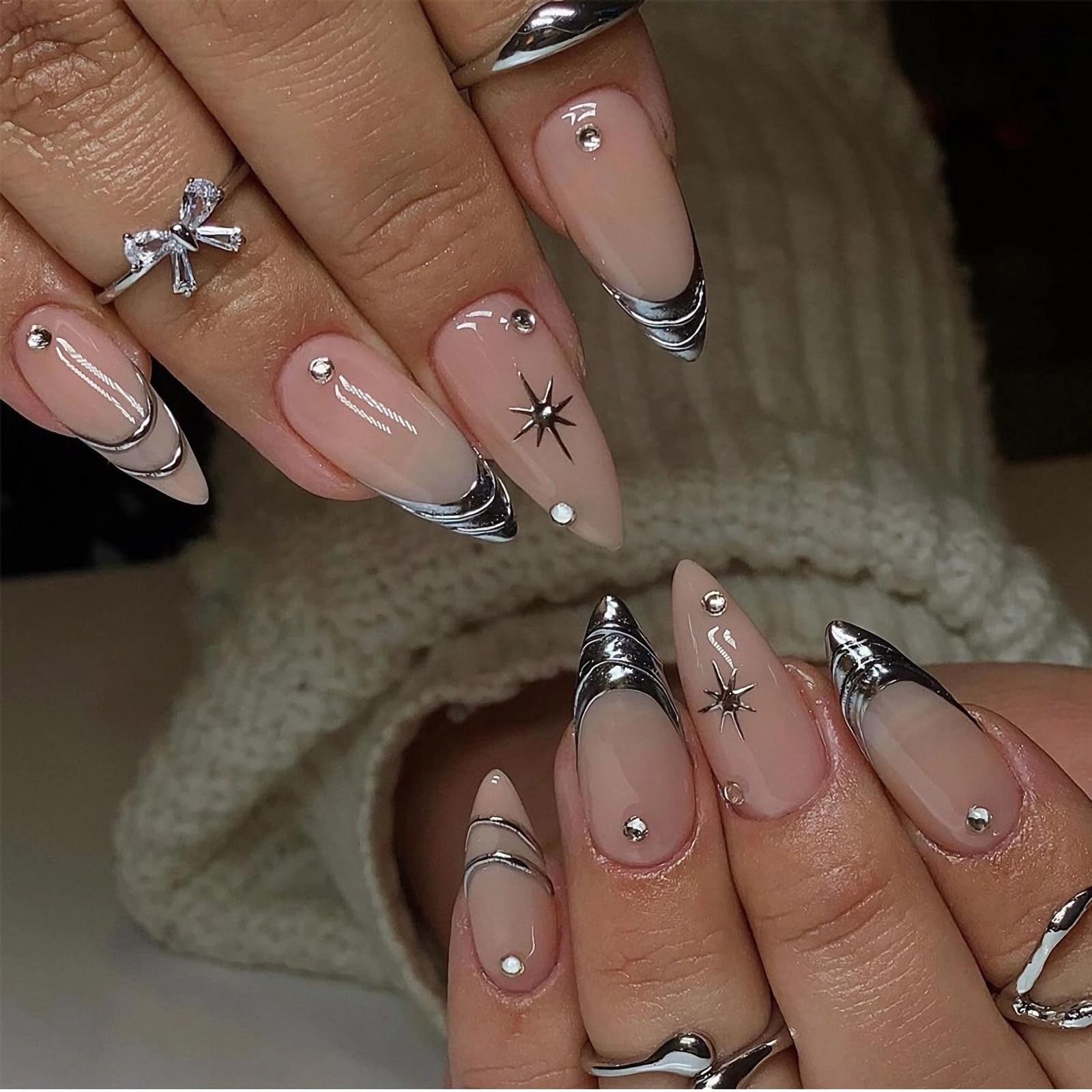 Almond Press on Nails Medium Fake Nails Sliver French Tip Glue ons Star Y2k G…