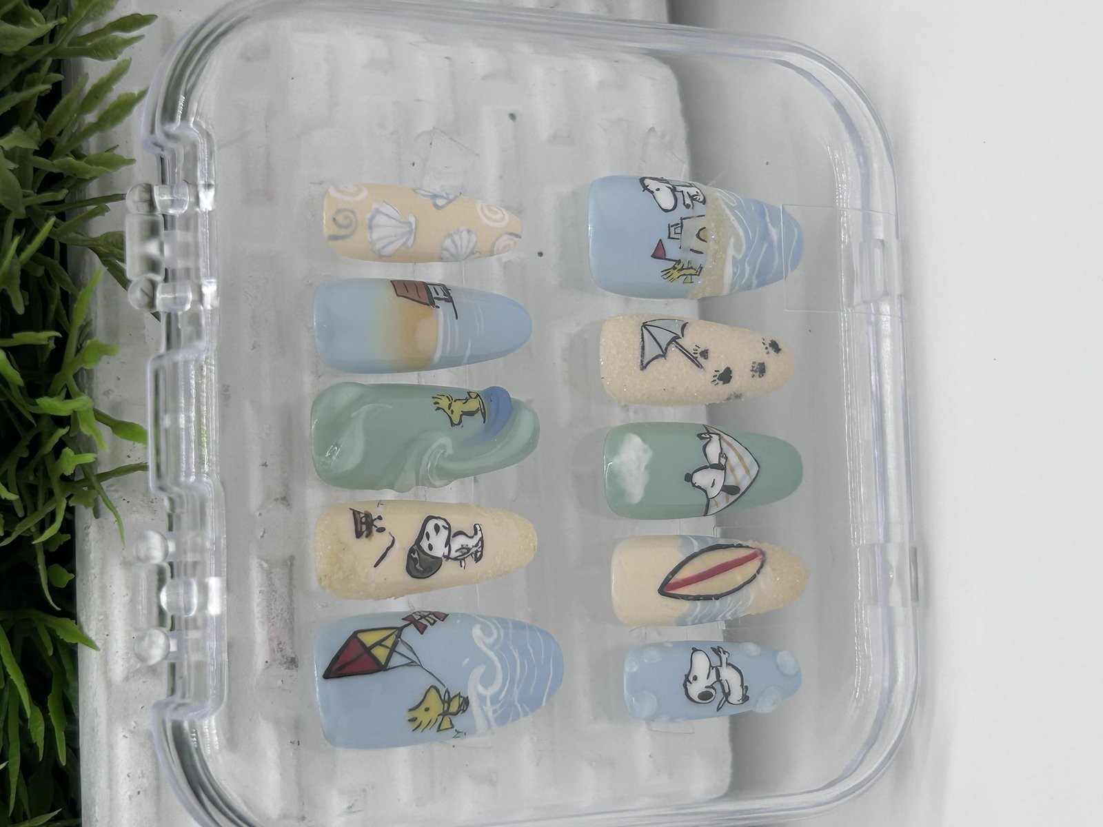 Snoopy Beach Press On Nails Handmade Coffin Pastel Blue Summer 10pc Fan Art