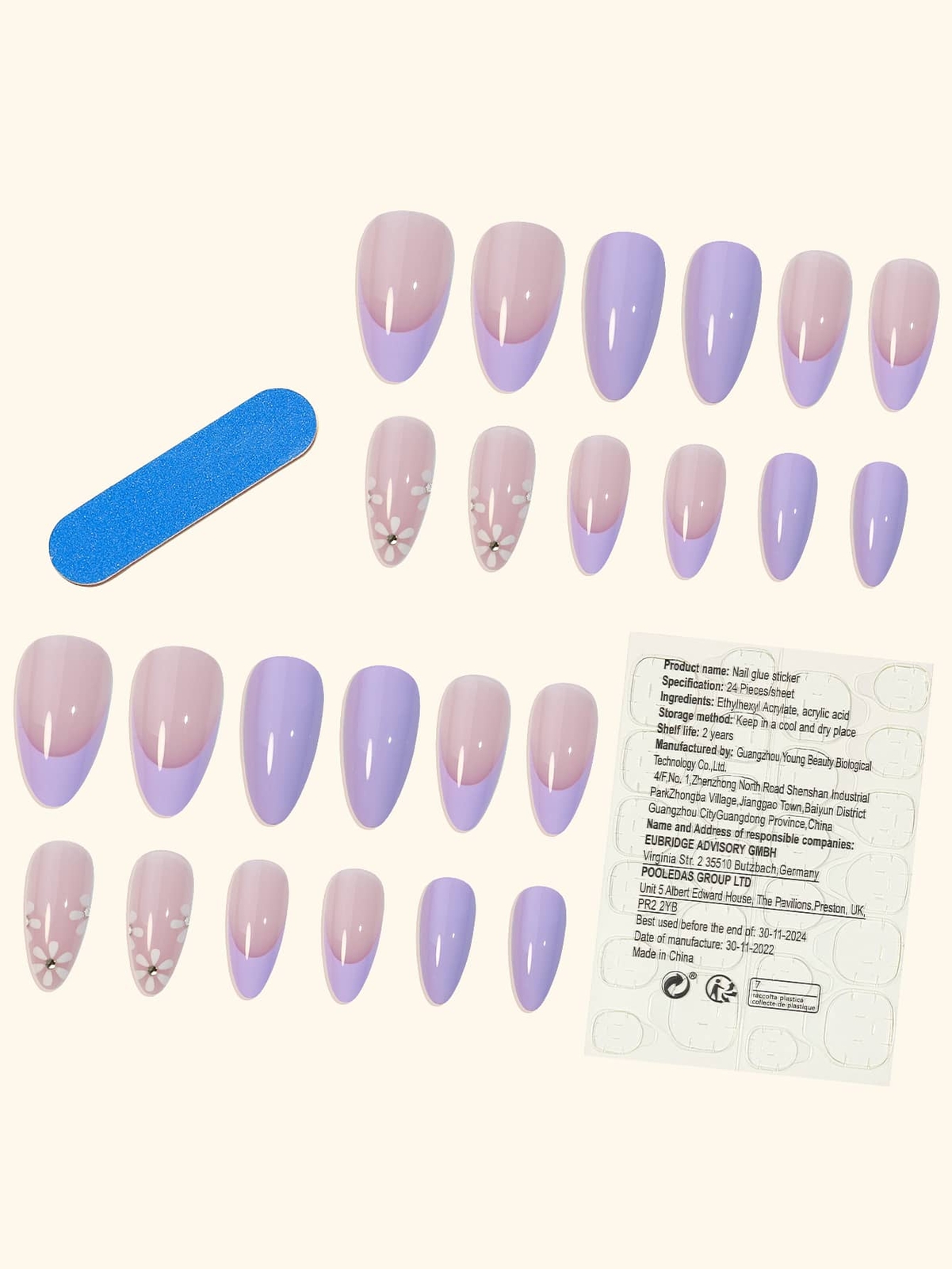 24pcs long pointed purple French floret Fake Nails False Nails Press On Nails