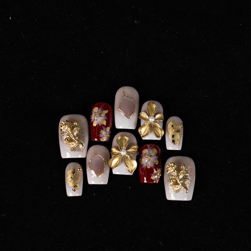 10pcs Wine Red Short Square Nails 3D Gold Flower Handmade Luxury 2026
