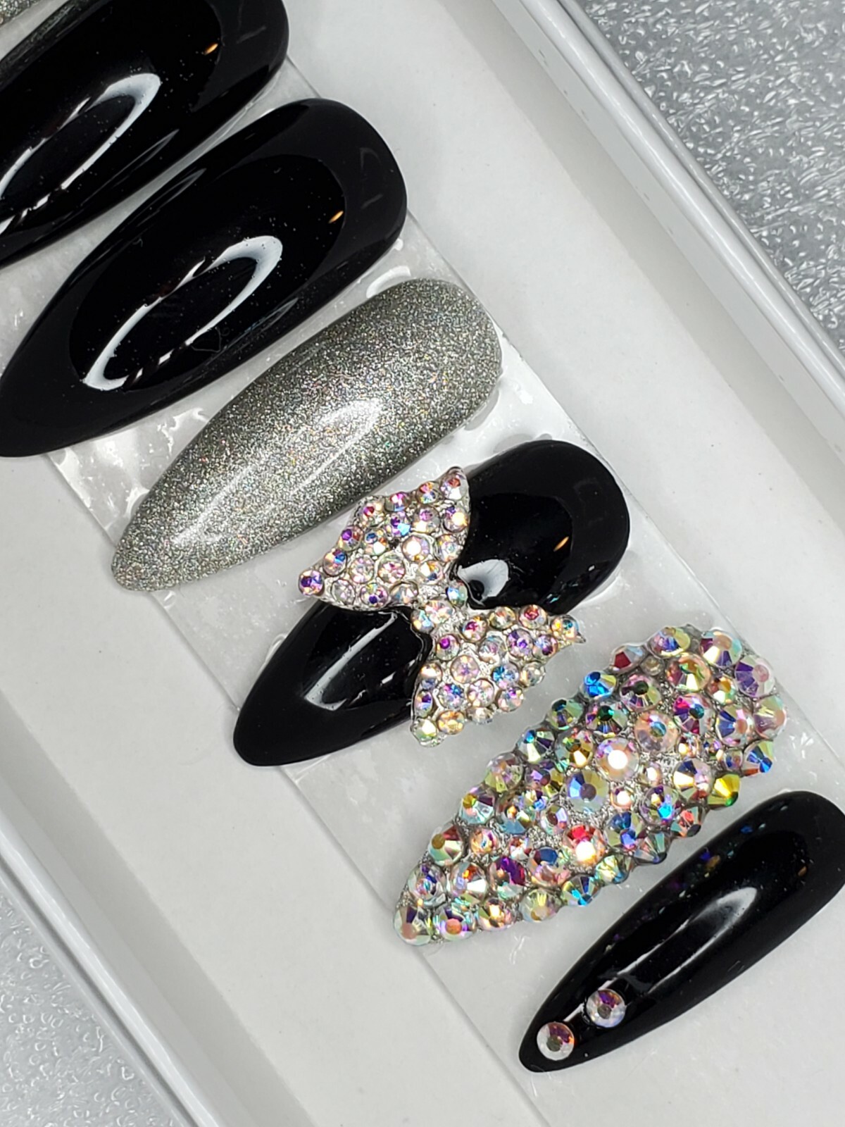 Black holographic glitter bling press on nails holo diamond crystal stiletto