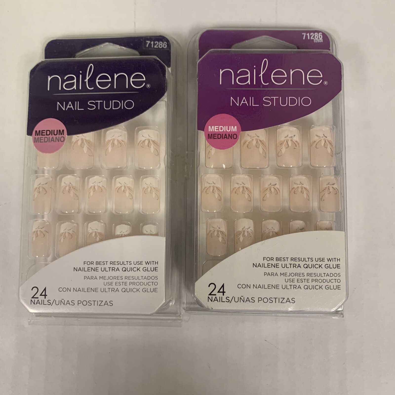 Nailene Nail Studio French Tip Artificial Nails with Silver Floral Design Med x2